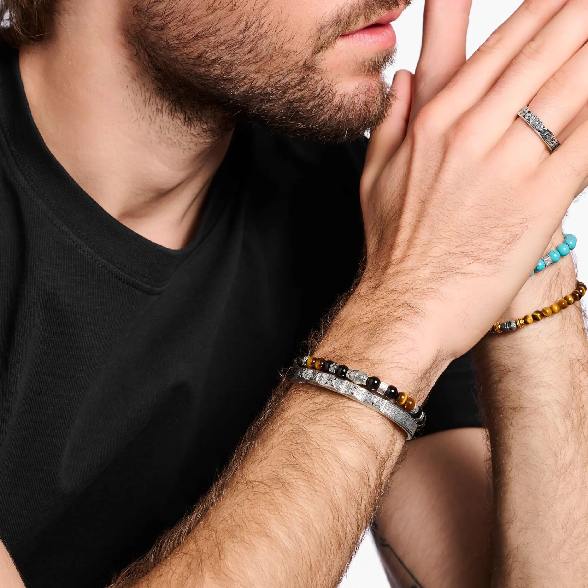 Women THOMAS SABO Bangles|Bangles-Bangle faceted design with black stones silver