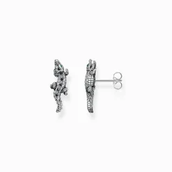 Women THOMAS SABO Ear Studs|Ear Studs & Hoops-Blackened silver ear studs crocodile with black and green stones