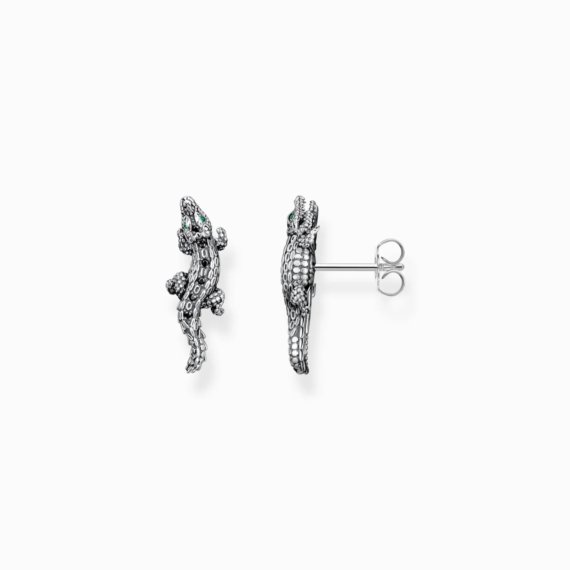 Women THOMAS SABO Ear Studs|Ear Studs & Hoops-Blackened silver ear studs crocodile with black and green stones
