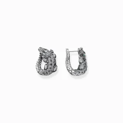 Women THOMAS SABO Hoop Earrings|Ear Studs & Hoops-Blackened silver hoop ear rings crocodile with black and green stones