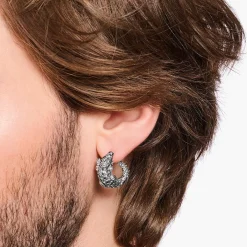 Women THOMAS SABO Hoop Earrings|Ear Studs & Hoops-Blackened silver hoop ear rings crocodile with black and green stones