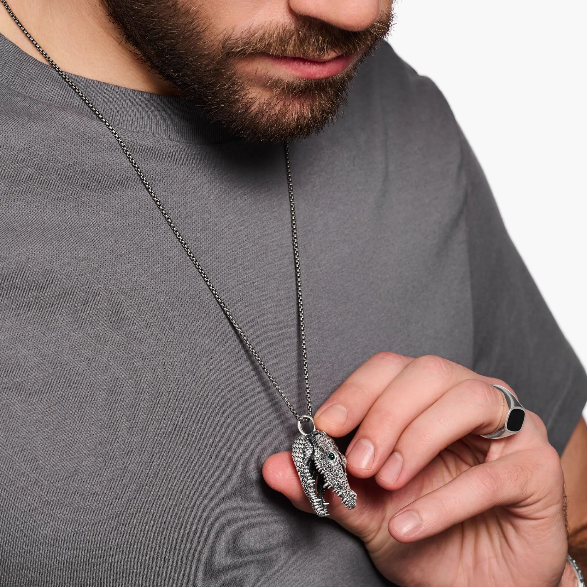 Women THOMAS SABO Pendants|Pendants-Blackened silver pendant crocodile head with black and green stones