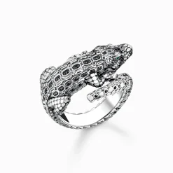 Women THOMAS SABO Rings|Rings-Blackened silver ring crocodile with black and green stones