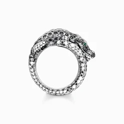 Women THOMAS SABO Rings|Rings-Blackened silver ring crocodile with black and green stones