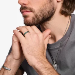 Women THOMAS SABO Rings|Rings-Blackened silver ring crocodile shell with green stones