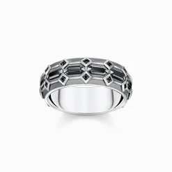 Women THOMAS SABO Rings|Rings-Blackened silver ring wide crocodile shell with black stones