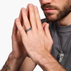 Women THOMAS SABO Rings|Rings-Blackened silver ring wide crocodile shell with black stones