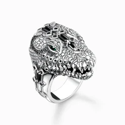 Women THOMAS SABO Rings|Rings-Blackened silver ring with crocodile head and black and green stones