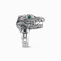 Women THOMAS SABO Rings|Rings-Blackened silver ring with crocodile head and black and green stones