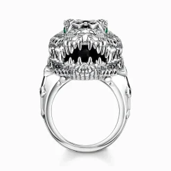 Women THOMAS SABO Rings|Rings-Blackened silver ring with crocodile head and black and green stones