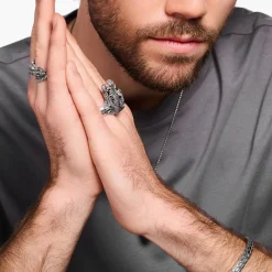 Women THOMAS SABO Rings|Rings-Blackened silver ring with crocodile head and black and green stones