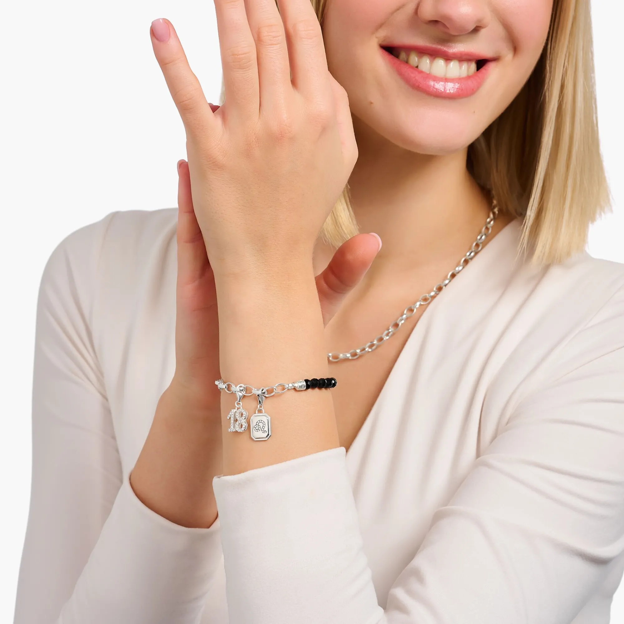 Women THOMAS SABO Charm Bracelets|Charm Bracelets-Charm bracelet with black obsidian beads and disc silver