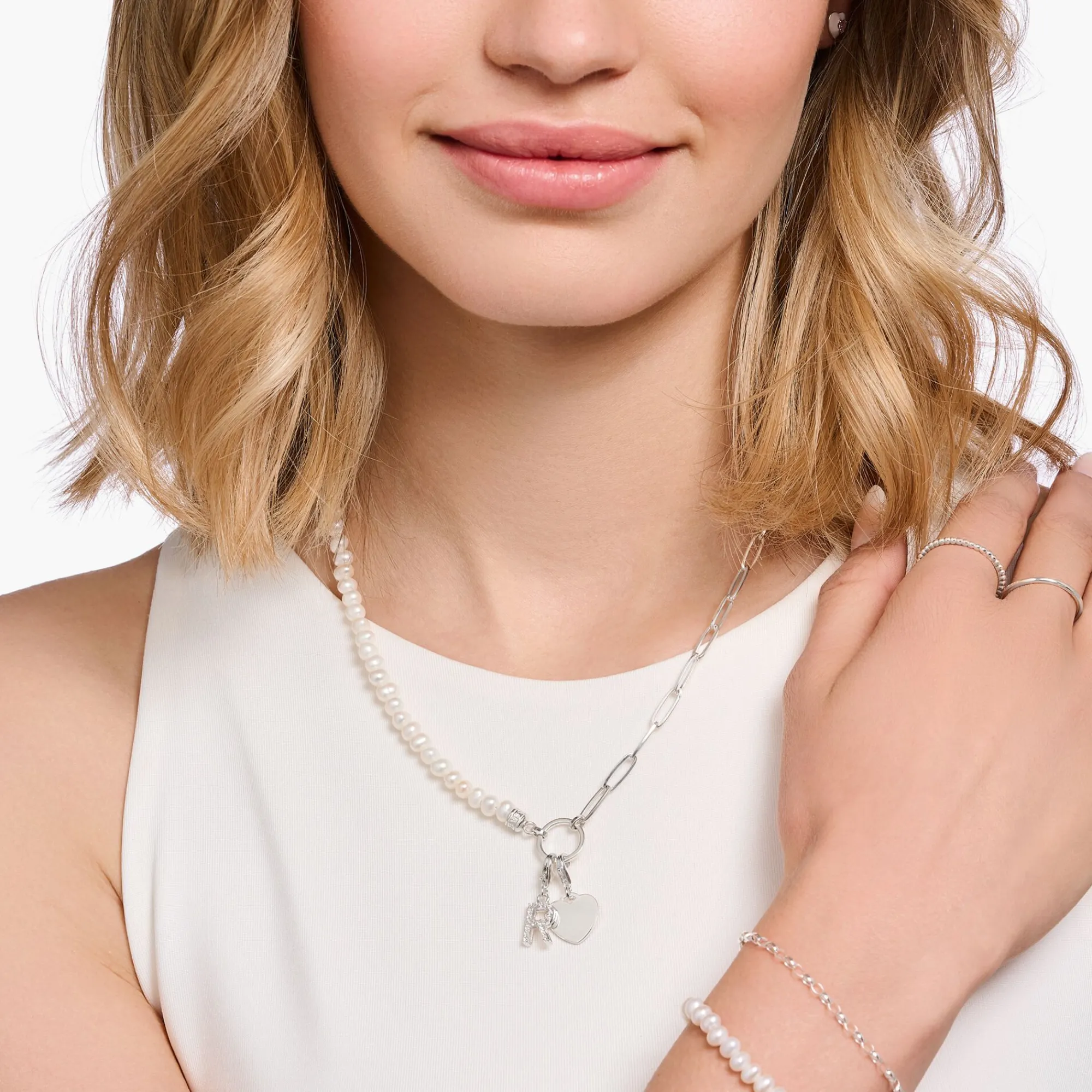Women THOMAS SABO Charm Necklaces|Charm Necklaces-Charm necklace with white pearls and Coin silver