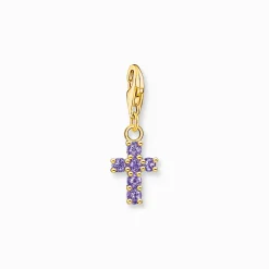 Women THOMAS SABO Charms|Charms-Charm pendant cross with amethyst-coloured stones yellow-gold plated