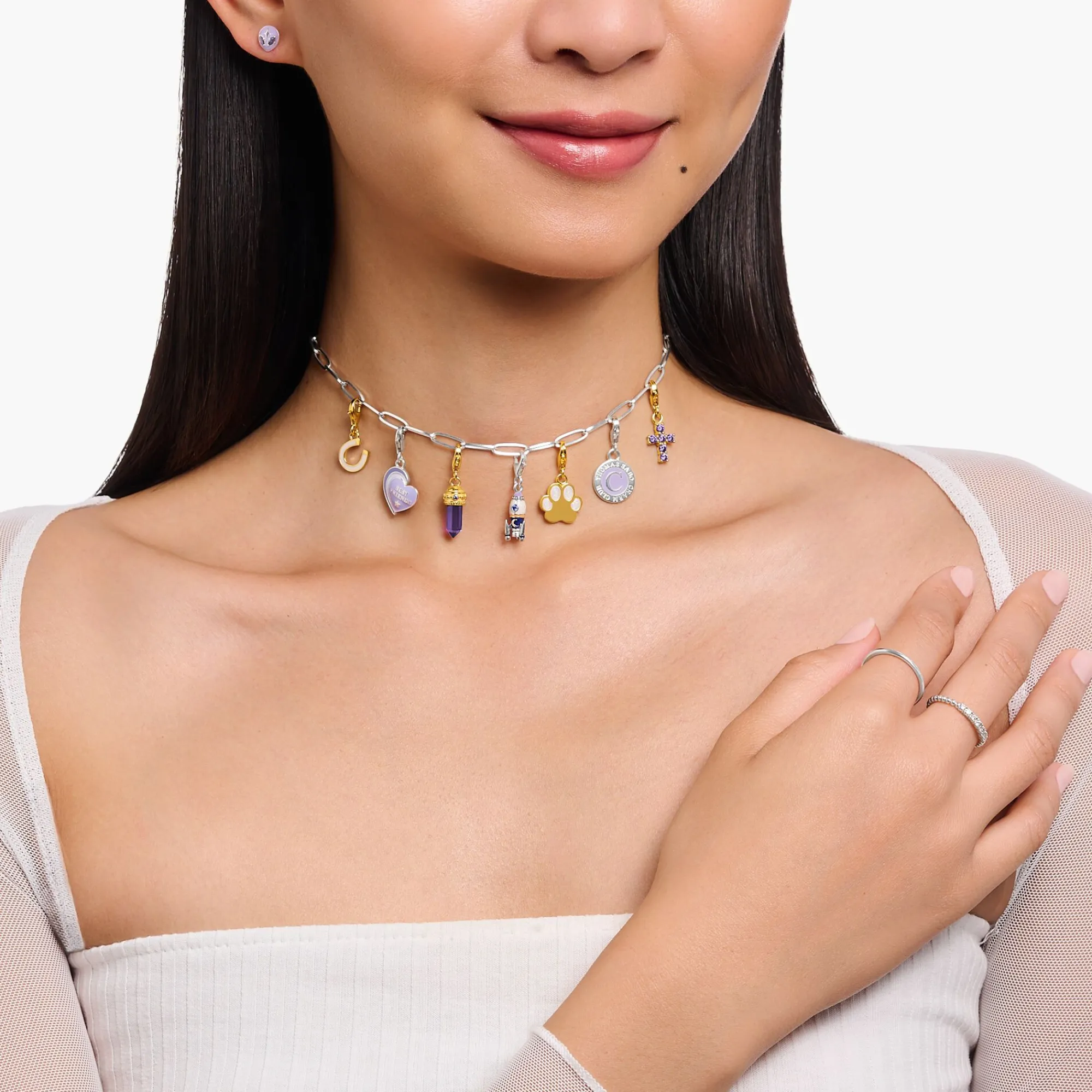 Women THOMAS SABO Charms|Charms-Charm pendant cross with amethyst-coloured stones yellow-gold plated