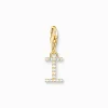 Women THOMAS SABO 18-Carat Gold-Plating - 925 Silver-Charm pendant letter I with white stones gold plated