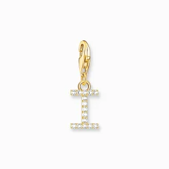 Women THOMAS SABO 18-Carat Gold-Plating - 925 Silver-Charm pendant letter I with white stones gold plated