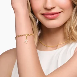 Women THOMAS SABO 18-Carat Gold-Plating - 925 Silver-Charm pendant letter L with white stones gold plated