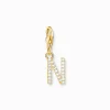 Women THOMAS SABO 18-Carat Gold-Plating - 925 Silver-Charm pendant letter N with white stones gold plated