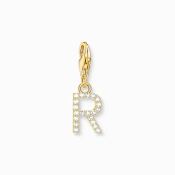 Women THOMAS SABO 18-Carat Gold-Plating - 925 Silver-Charm pendant letter R with white stones gold plated