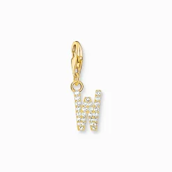 Women THOMAS SABO 18-Carat Gold-Plating - 925 Silver-Charm pendant letter W with white stones gold plated