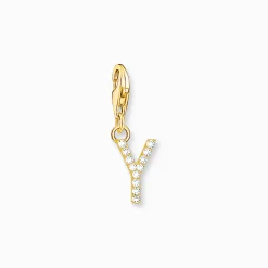 Women THOMAS SABO 18-Carat Gold-Plating - 925 Silver-Charm pendant letter Y with white stones gold plated