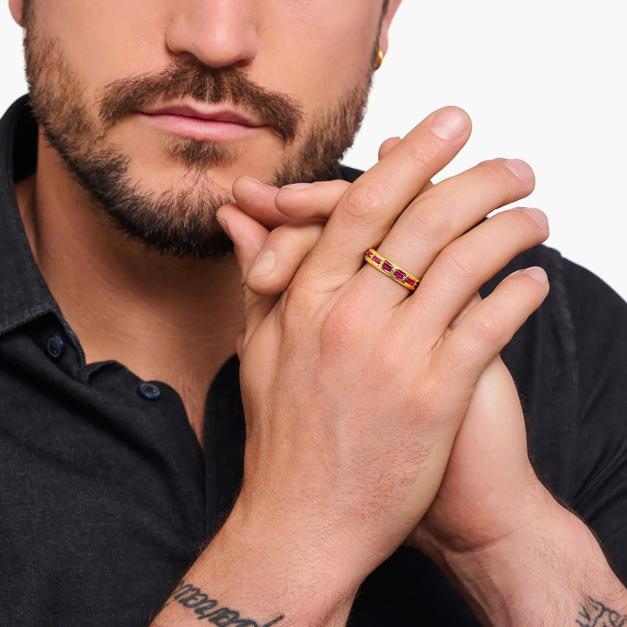 Women THOMAS SABO Rings|18-Carat Gold-Plating - 925 Silver-Gold plated band ring in crocodile design with red stones