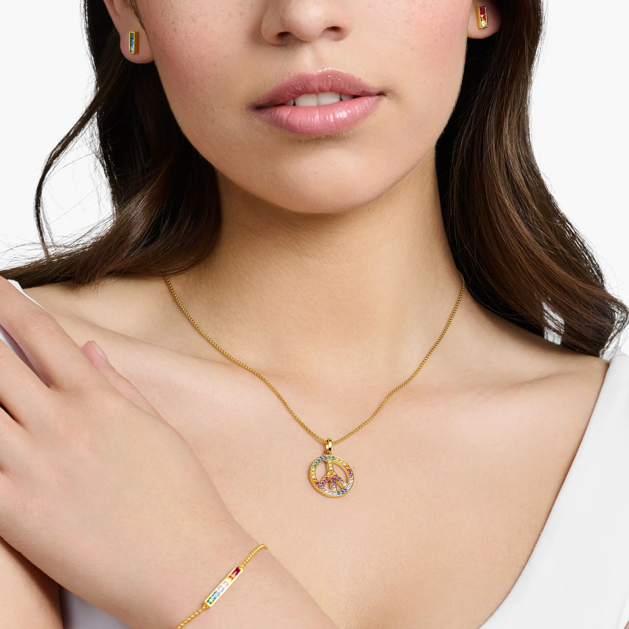 Women THOMAS SABO 18-Carat Gold-Plating - 925 Silver-Gold plated necklace with pendant peace sign and coloured stones