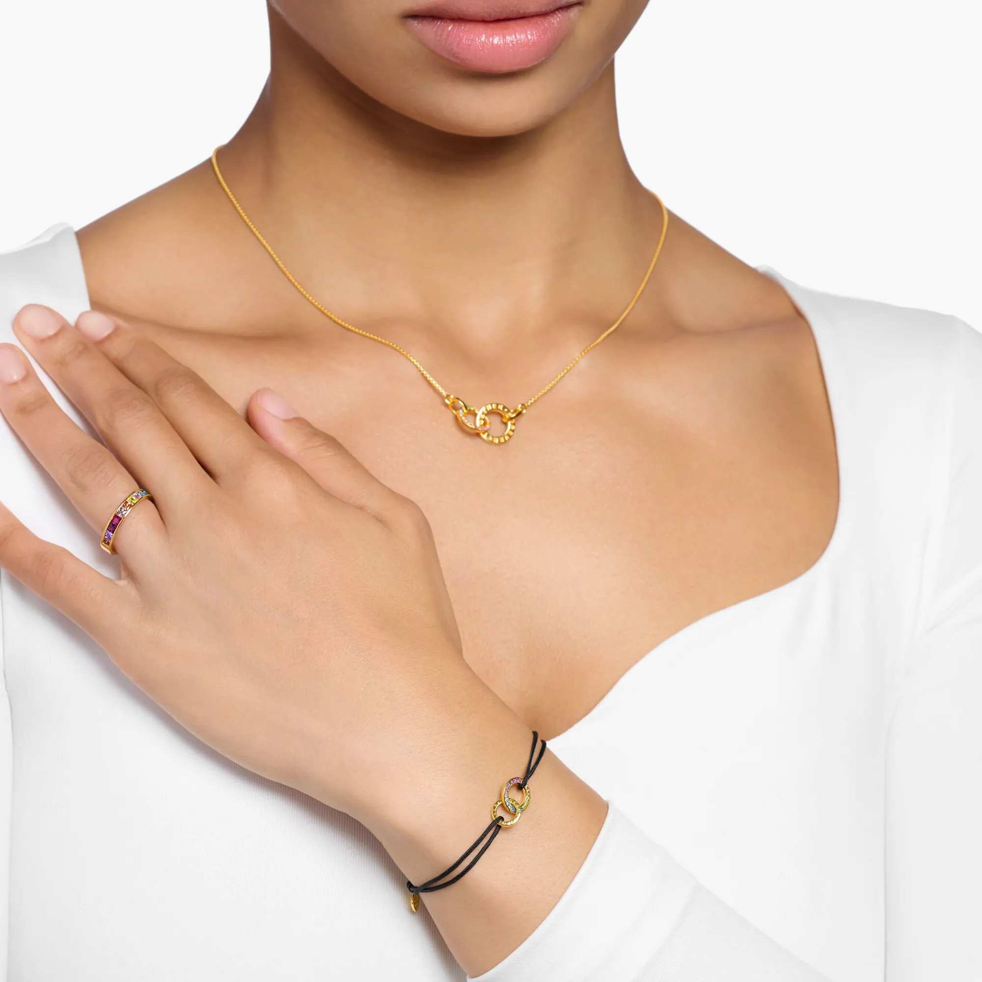 Women THOMAS SABO Bracelets-Gold plated textile bracelet black with two rings and coloured stones