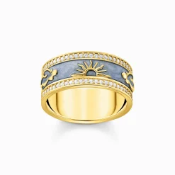 Women THOMAS SABO Rings|18-Carat Gold-Plating - 925 Silver-Gold-plated band ring with blue cold enamel and cosmic symbols