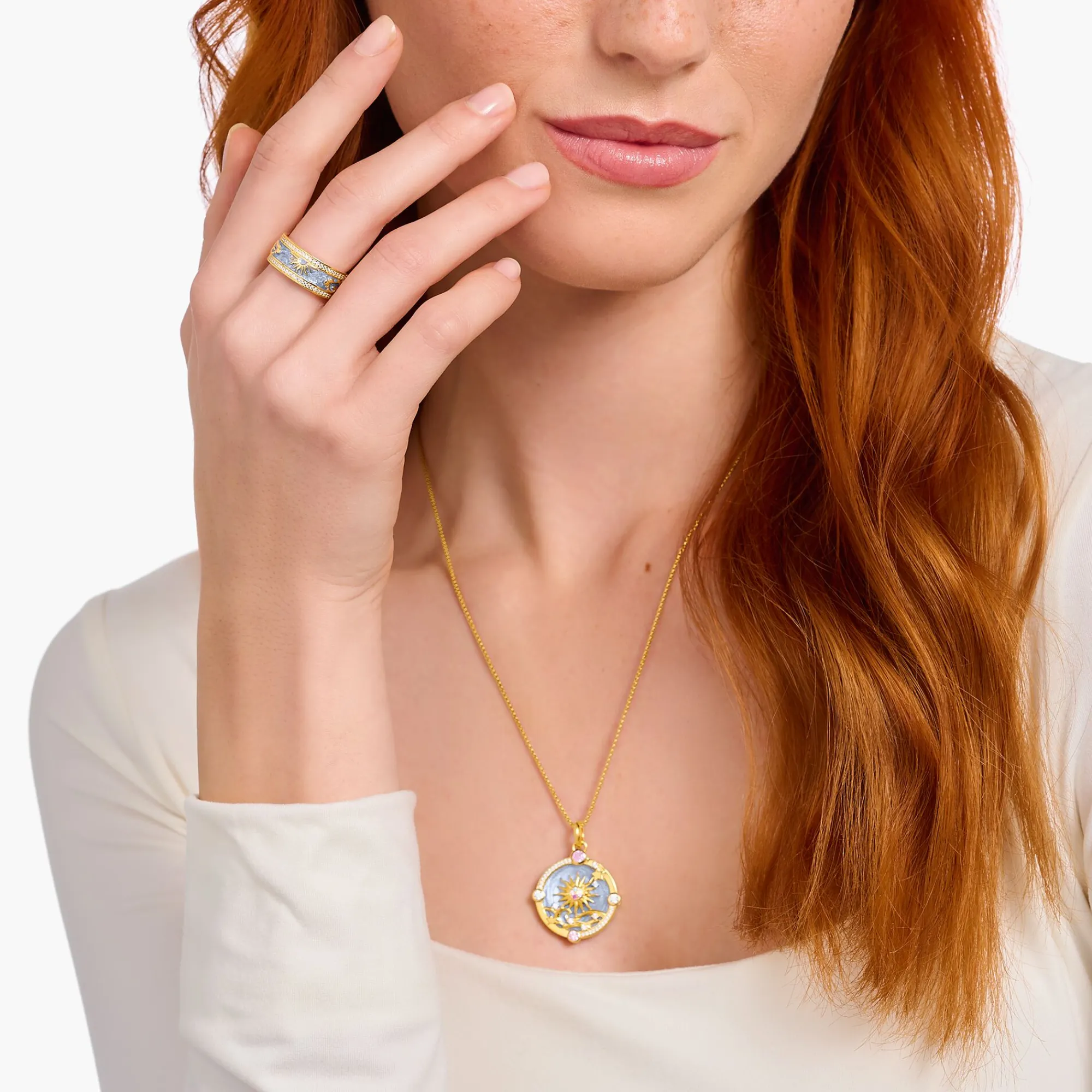 Women THOMAS SABO Rings|18-Carat Gold-Plating - 925 Silver-Gold-plated band ring with blue cold enamel and cosmic symbols