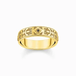 Women THOMAS SABO Rings|Rings-Gold-plated band ring with pattern and black zirconia