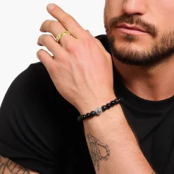 Women THOMAS SABO Rings|Rings-Gold-plated band ring with pattern and black zirconia