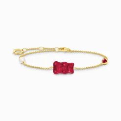 Women THOMAS SABO Bracelets|18-Carat Gold-Plating - 925 Silver-Gold-plated bracelet with red goldbears, freshwater pearl & stones