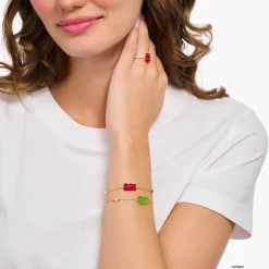 Women THOMAS SABO Bracelets|18-Carat Gold-Plating - 925 Silver-Gold-plated bracelet with red goldbears, freshwater pearl & stones