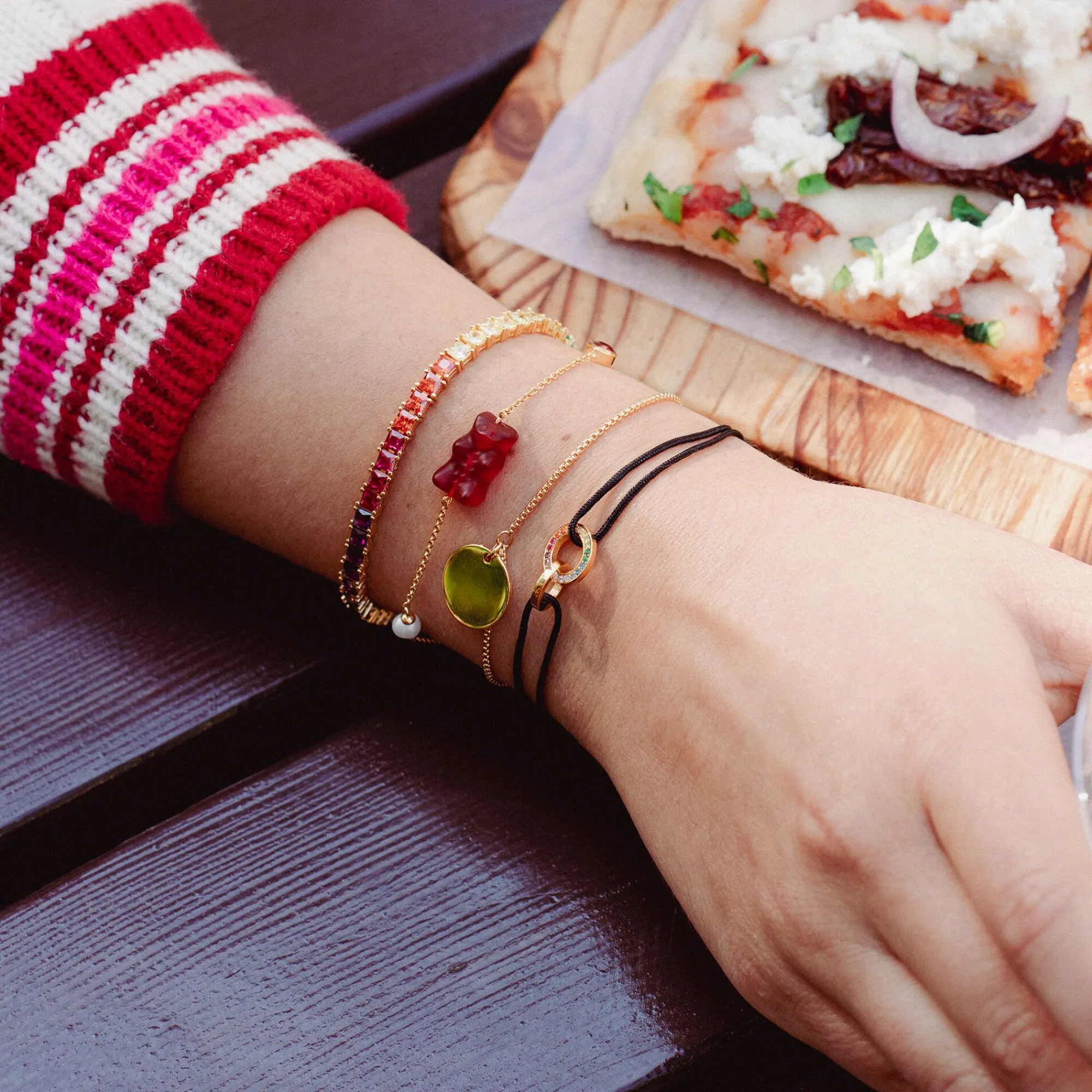 Women THOMAS SABO Bracelets|18-Carat Gold-Plating - 925 Silver-Gold-plated bracelet with red goldbears, freshwater pearl & stones