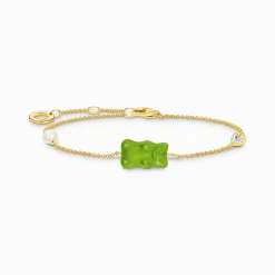 Women THOMAS SABO Bracelets|18-Carat Gold-Plating - 925 Silver-Gold-plated bracelet with green goldbears & freshwater pearl