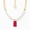 Women THOMAS SABO Necklaces|18-Carat Gold-Plating - 925 Silver-Gold-plated link necklace with red goldbears & freshwater pearls