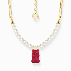 Women THOMAS SABO Necklaces|18-Carat Gold-Plating - 925 Silver-Gold-plated link necklace with red goldbears & freshwater pearls