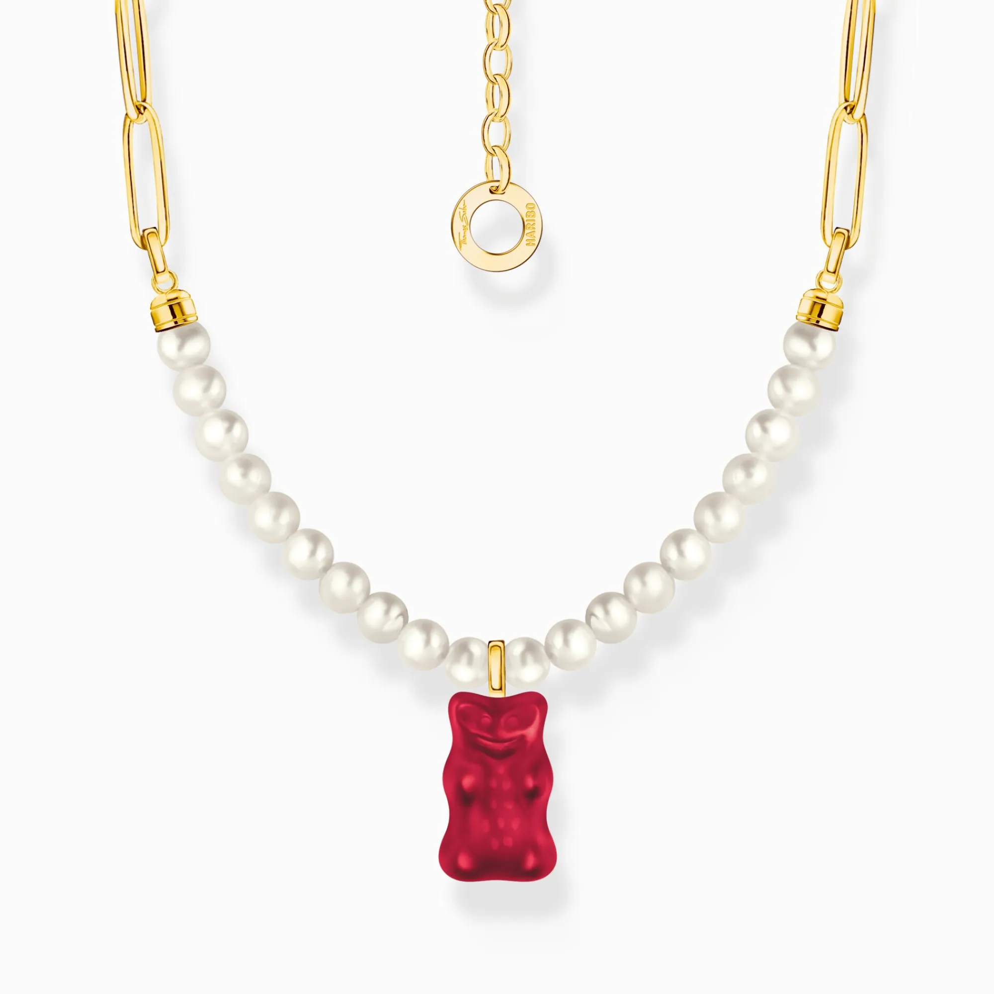 Women THOMAS SABO Necklaces|18-Carat Gold-Plating - 925 Silver-Gold-plated link necklace with red goldbears & freshwater pearls