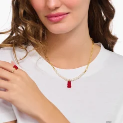 Women THOMAS SABO Necklaces|18-Carat Gold-Plating - 925 Silver-Gold-plated link necklace with red goldbears & freshwater pearls