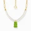 Women THOMAS SABO Necklaces|18-Carat Gold-Plating - 925 Silver-Gold-plated link necklace with green goldbears & freshwater pearls