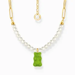 Women THOMAS SABO Necklaces|18-Carat Gold-Plating - 925 Silver-Gold-plated link necklace with green goldbears & freshwater pearls