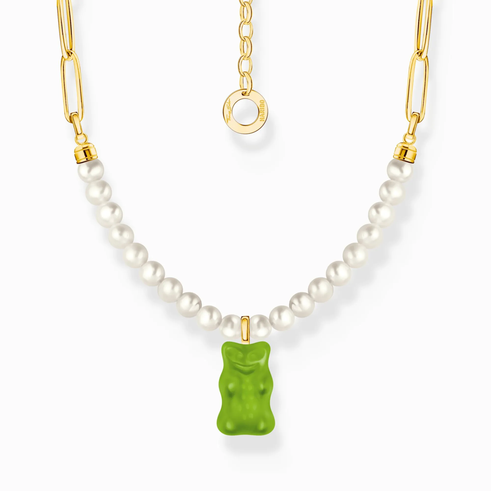 Women THOMAS SABO Necklaces|18-Carat Gold-Plating - 925 Silver-Gold-plated link necklace with green goldbears & freshwater pearls