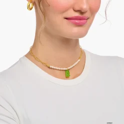 Women THOMAS SABO Necklaces|18-Carat Gold-Plating - 925 Silver-Gold-plated link necklace with green goldbears & freshwater pearls