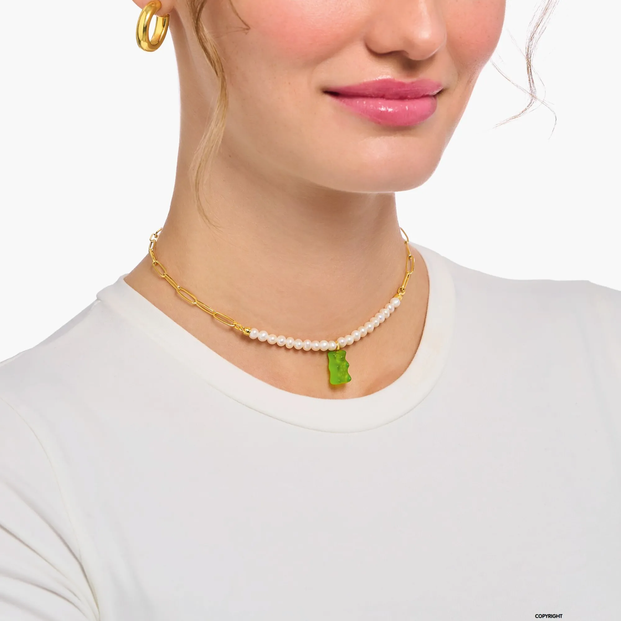 Women THOMAS SABO Necklaces|18-Carat Gold-Plating - 925 Silver-Gold-plated link necklace with green goldbears & freshwater pearls