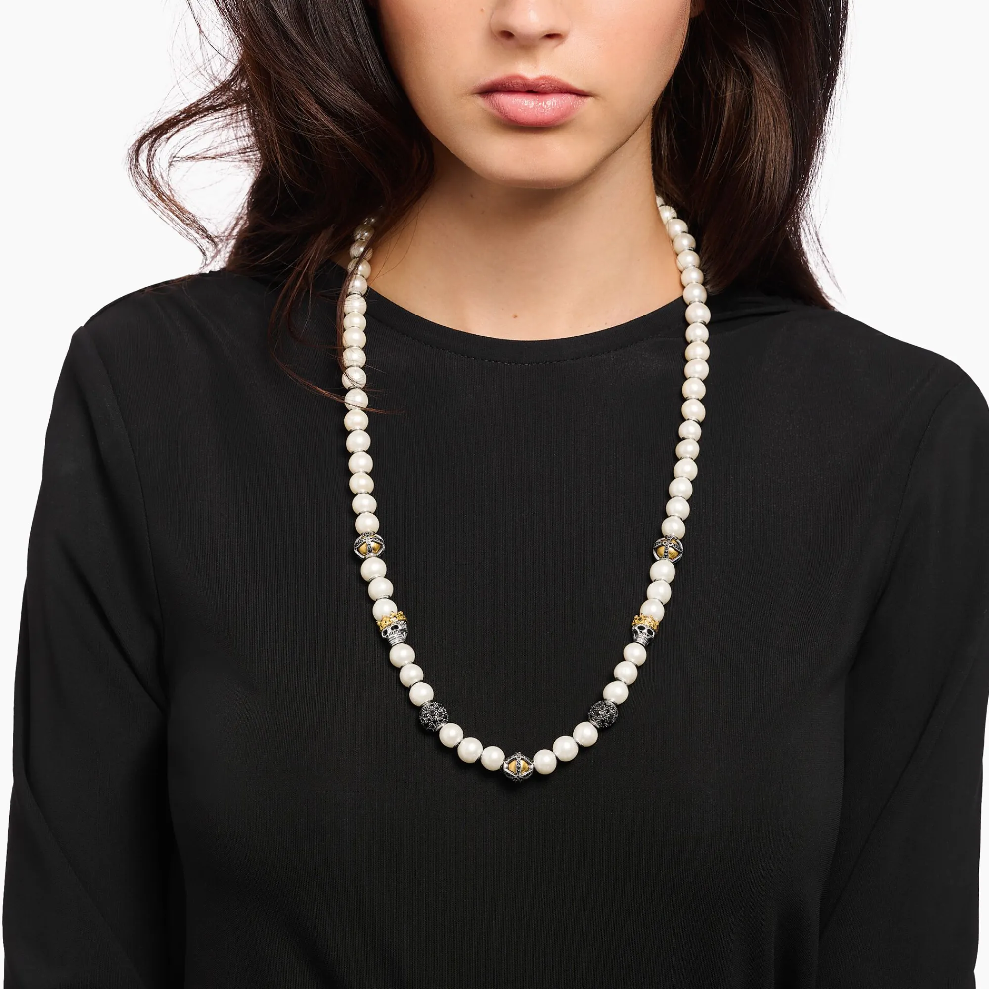 THOMAS SABO Necklaces & Chains|18-Carat Gold-Plating - 925 Silver-Gold-plated necklace, freshwater cultured pearls, skulls &beads