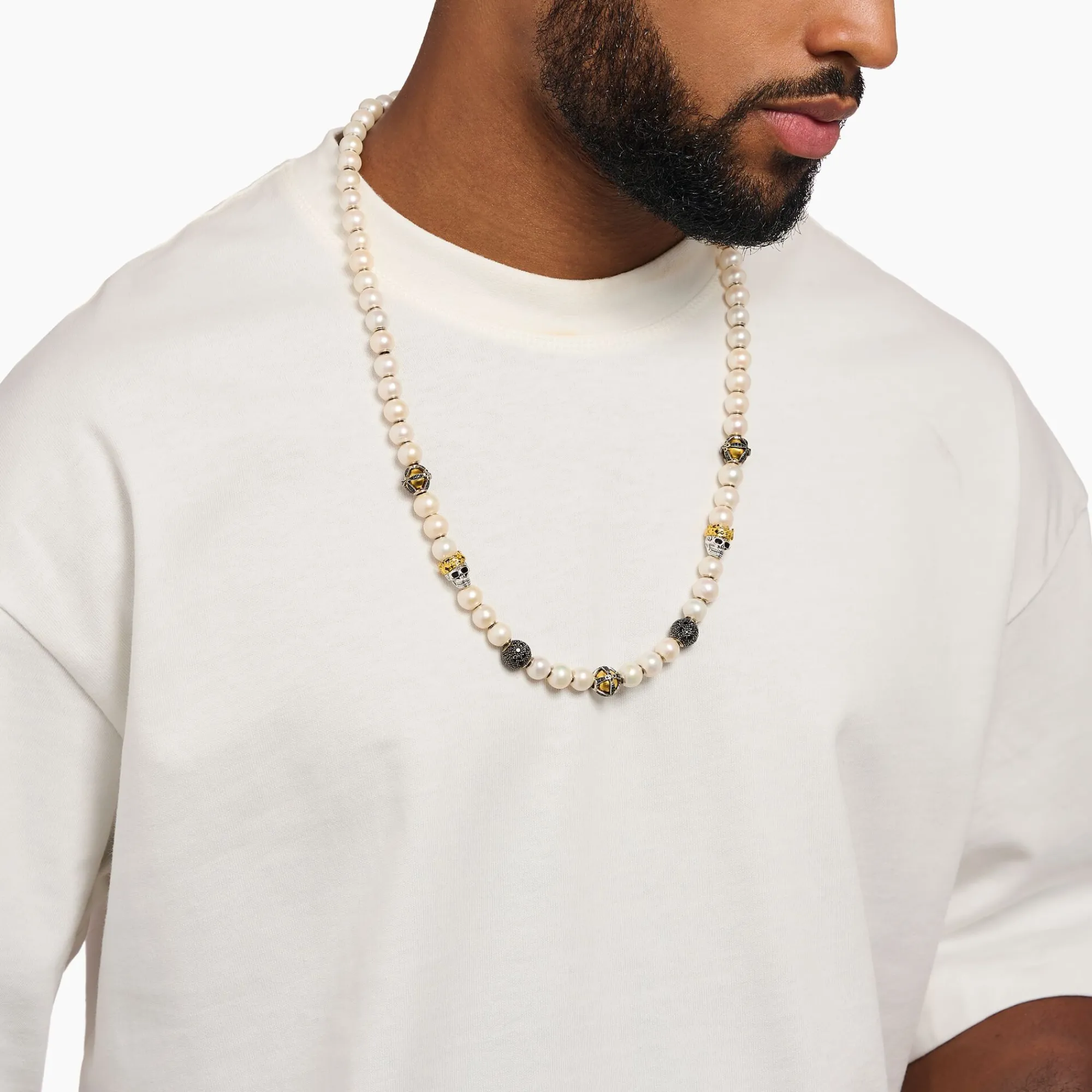 THOMAS SABO Necklaces & Chains|18-Carat Gold-Plating - 925 Silver-Gold-plated necklace, freshwater cultured pearls, skulls &beads