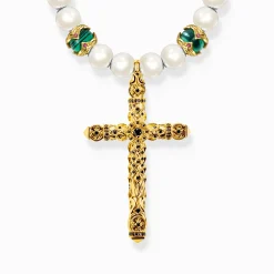 THOMAS SABO Necklaces & Chains|18-Carat Gold-Plating - 925 Silver-Gold-plated necklace made of different beads with cross pendant