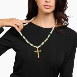THOMAS SABO Necklaces & Chains|18-Carat Gold-Plating - 925 Silver-Gold-plated necklace made of different beads with cross pendant